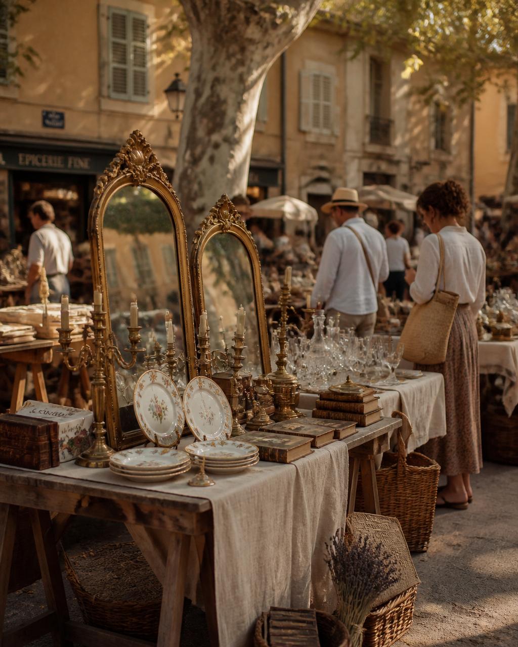 A sun-drenched Provençal village flea market with gilt mirrors, brass candelabras, Limoges porcelain, and leather-bound books