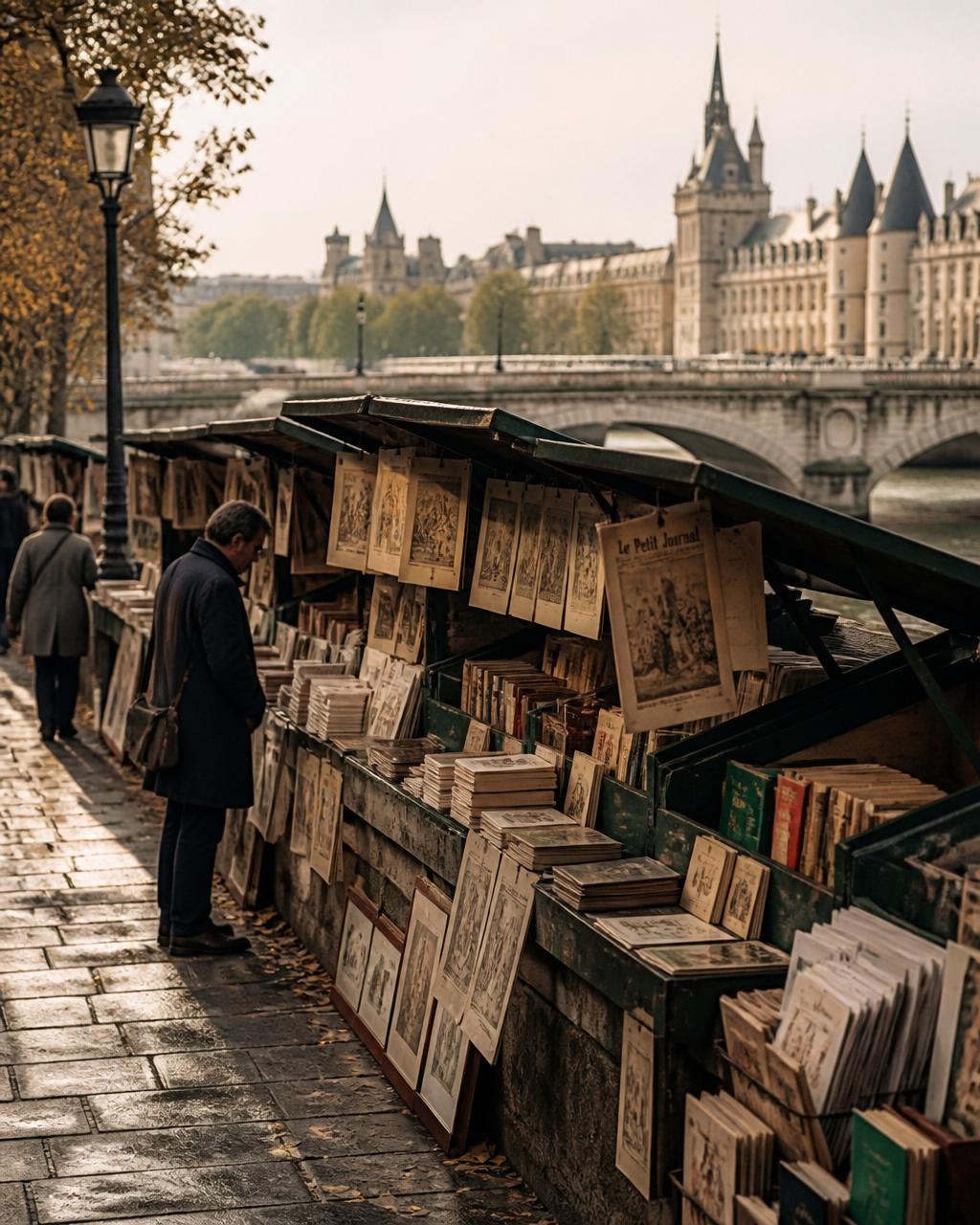 Paris bouquinistes along the Seine with green book stalls and vintage prints