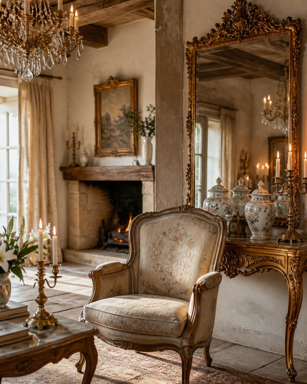 A romantic French cottage interior with antique gilt mirror, Louis XV armchair, crystal chandelier, and Limoges porcelain