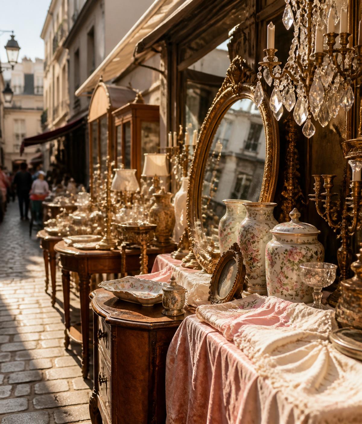 A sun-drenched French flea market stall with gilt mirrors and porcelain